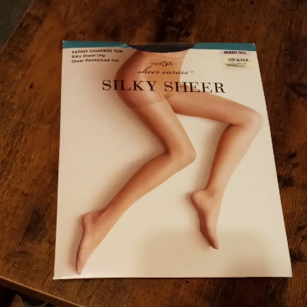 NWT east 5th Sheer Caress Silky Sheer Queen Tall Off Black Sexy Pantyhose